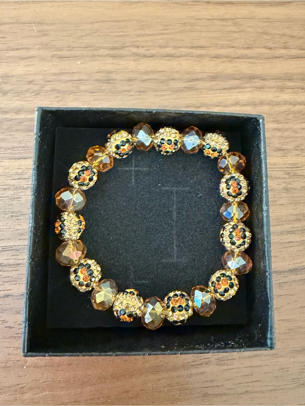 Handmade Amber Brown Crystal Rhinestone Beaded Stretch Bracelet - Picture 2 of 3